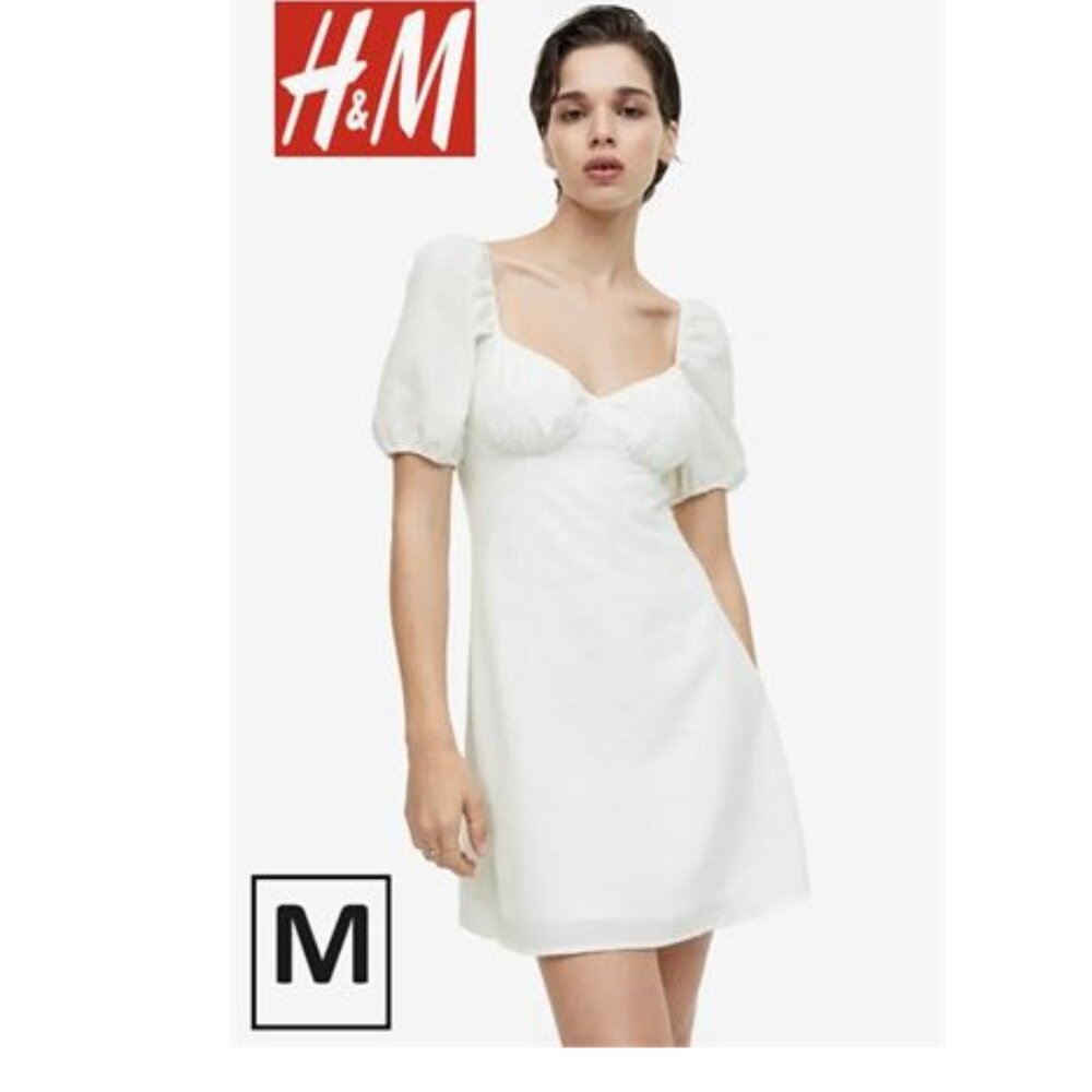 H&M Puff-sleeved Creped Dress White Medium